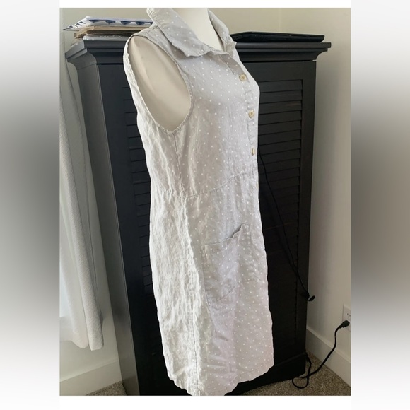 FLAX S Linen Sleeveless Shirtdress Gray Dot Knee Length Dress Pockets - Picture 5 of 6